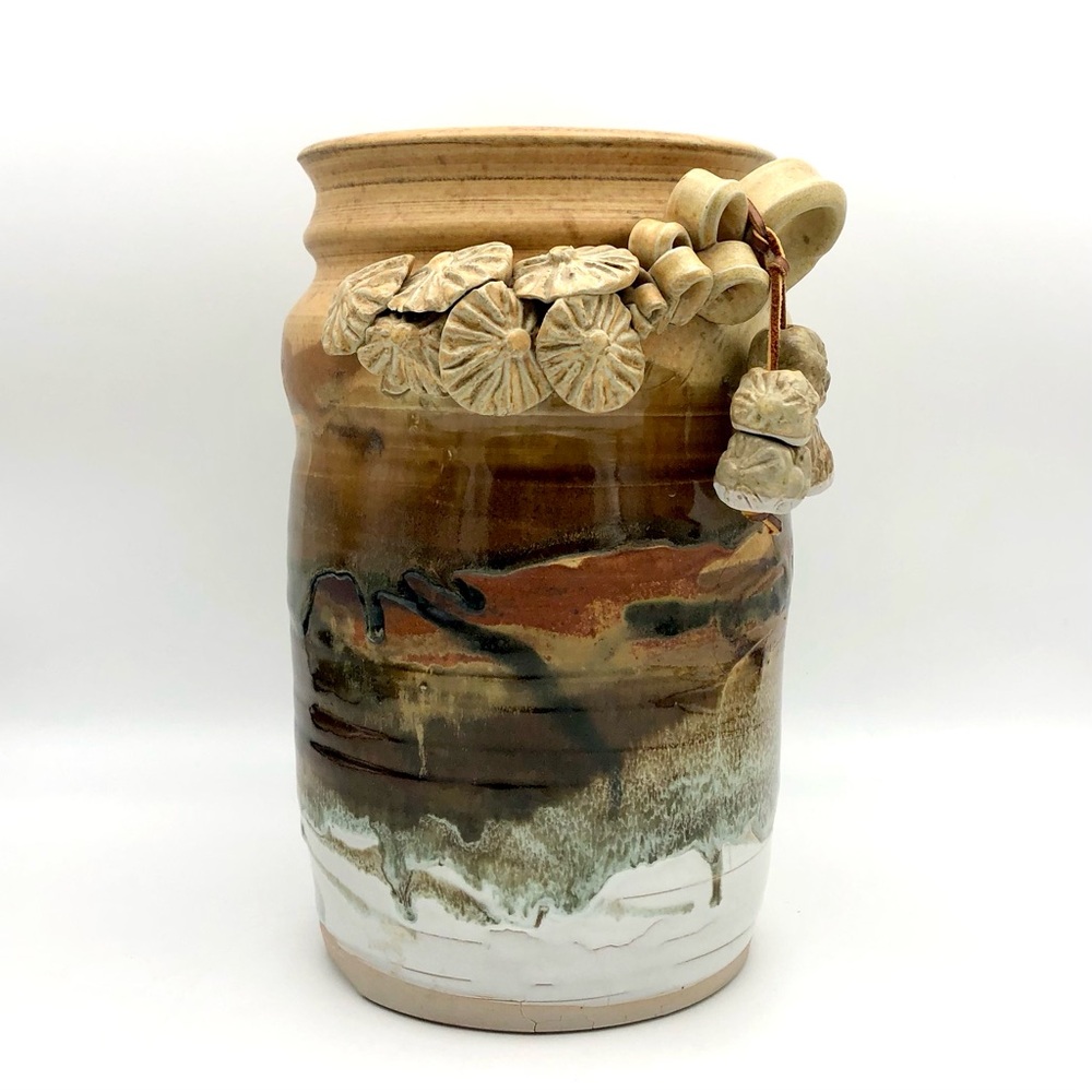 Large Pottery Crock Vase Hand Made Beads On Leather Dangle Applied Floral Relief - Picture 8 of 15
